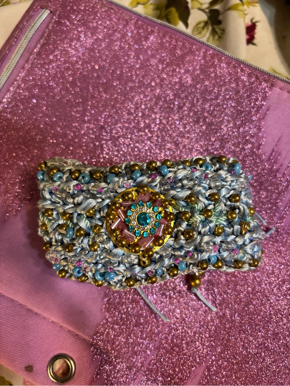 Handmade Beaded Blue & Gold Crochet Clutch with Decorative Gem